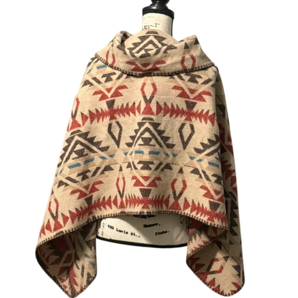 Southwestern Aztec Tribal Print Poncho Shawl Multicolor Boho Festival Wrap OS